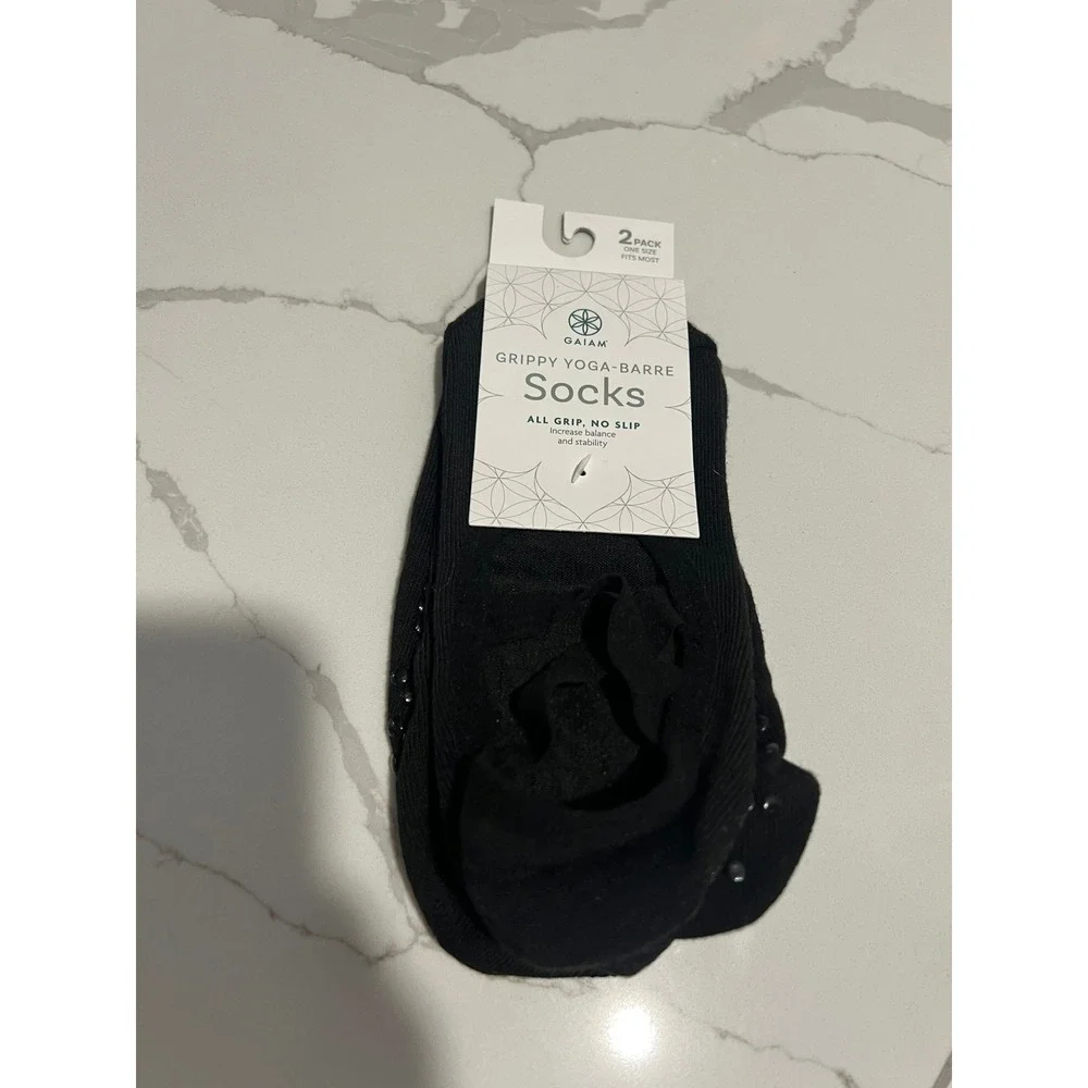 Gaiam Grippy Yoga-Barre Socks 2 Pack Black Non-Slip Pilates Studio One Size